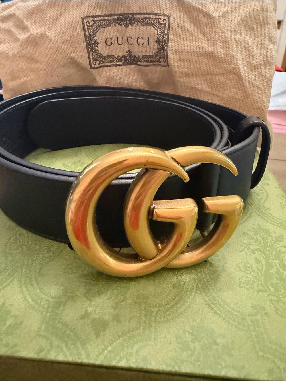 Gucci Black Leather Belt with Gold Double G Buckle